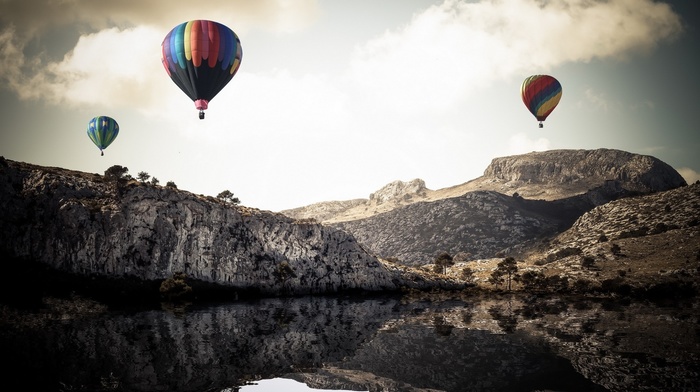 reflection, hot air balloons, lake, nature, landscape