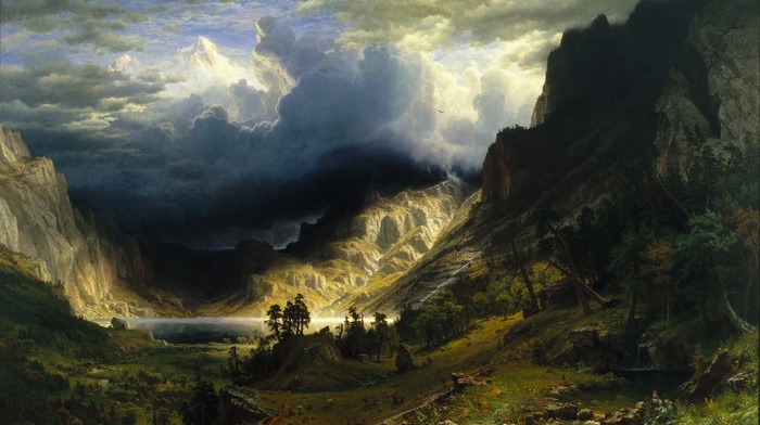 nature, fantasy art, mountains, landscape, painting, A Storm in the Rocky Mountains, Albert Bierstadt