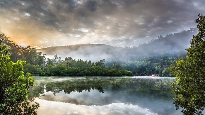 lake, mist, clouds, trees, HDR, reflection