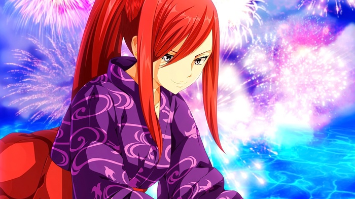 anime girls, anime, kimono, ponytail, Scarlet Erza, fireworks, Fairy Tail, redhead