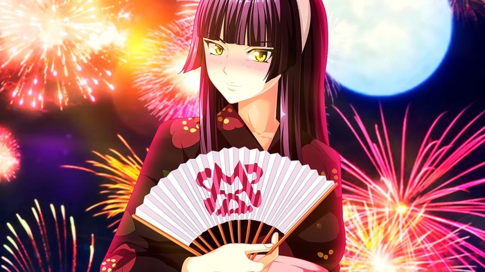 kimono, anime, anime girls, Fairy Tail, Mikazuchi Kagura, fireworks, fans