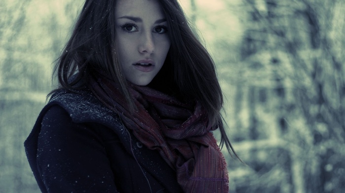 looking at viewer, scarf, girl, girl outdoors, winter