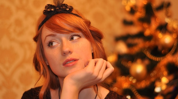 looking away, redhead, hand on face, hair bows, Alina Kovalenko, girl