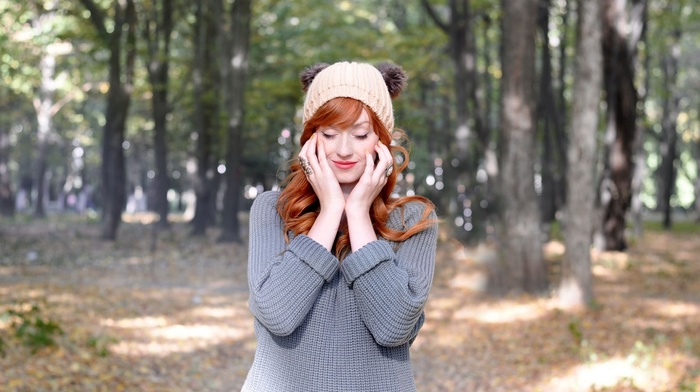 woolly hat, redhead, girl, sweater, long hair, closed eyes, Alina Kovalenko, standing, curly hair, girl outdoors