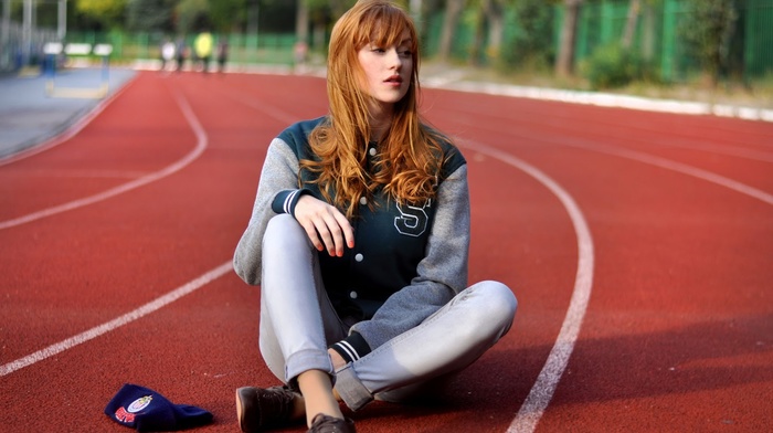sports jerseys, Alina Kovalenko, girl, looking away, redhead, race tracks