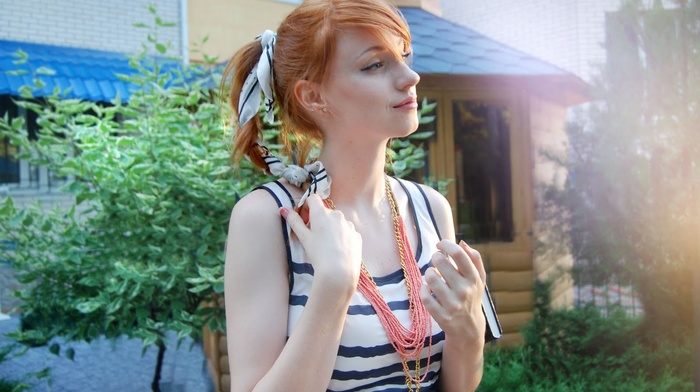 Alina Kovalenko, redhead, ponytail, looking away, striped clothing, girl, girl outdoors