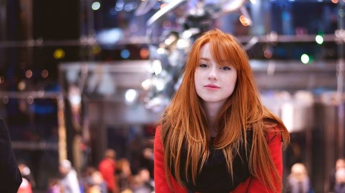 Alina Kovalenko, looking at viewer, pale, coats, girl, redhead