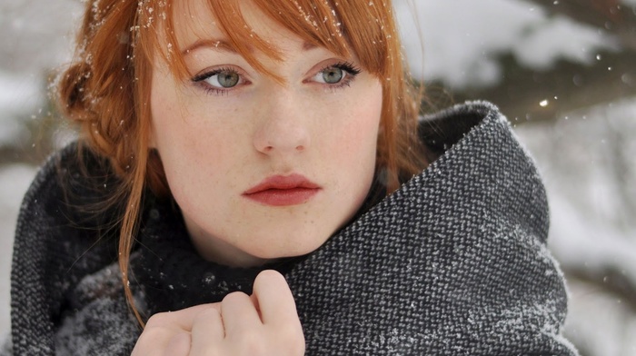 snow, girl, redhead, girl outdoors, Alina Kovalenko, braids, looking away