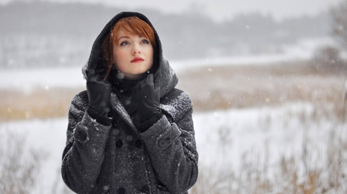 girl, Alina Kovalenko, redhead, girl outdoors, coats, hoods, snow