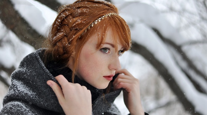 Alina Kovalenko, redhead, girl, girl outdoors, snow, braids
