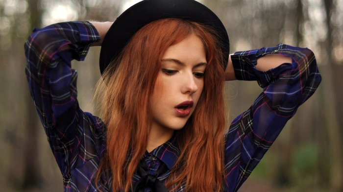 Ebba Zingmark, looking away, arms up, girl, redhead, hat, plaid shirt, plaid, open mouth