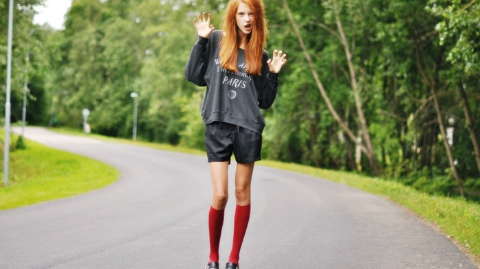 socks, long hair, road, girl outdoors, standing, Ebba Zingmark, girl, redhead