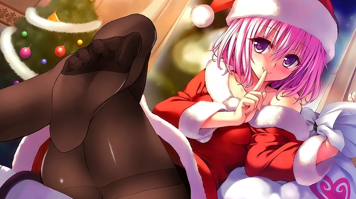 Santa hats, To Love, ru, Momo Velia Deviluke, Christmas, finger on lips, anime girls, hat, Christmas tree, anime, barefoot, pantyhose, feet, pink hair