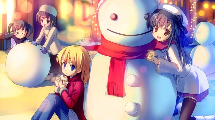 snow, anime, snowman, original characters, anime girls, scarf
