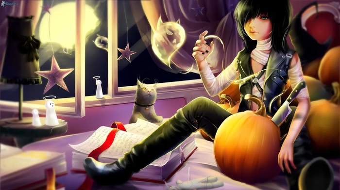 anime girls, anime, original characters, pumpkin, Halloween
