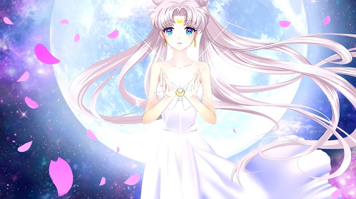 moon, flower petals, Queen Serenity, Sailor Moon, anime, anime girls