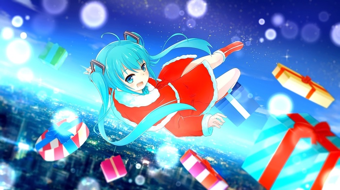 falling, Christmas, anime, presents, Hatsune Miku, anime girls, Vocaloid