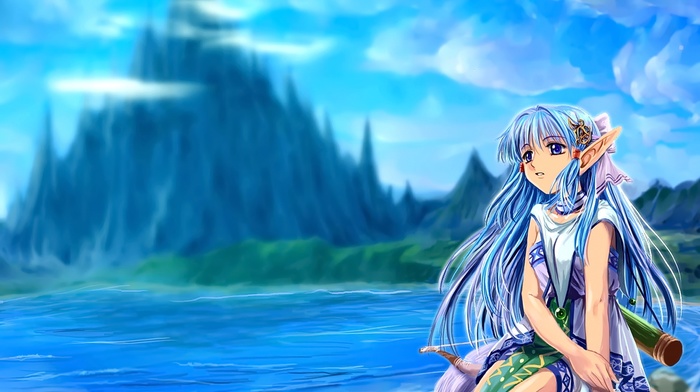 mountains, blue eyes, blue hair, sky, open mouth, looking away, pointed ears, anime, anime girls, long hair, water, clouds