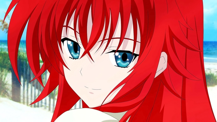 sky, redhead, anime girls, smiling, Highschool DxD, readhead, beach, anime, clouds, water, blue eyes, Gremory Rias, long hair, looking at viewer