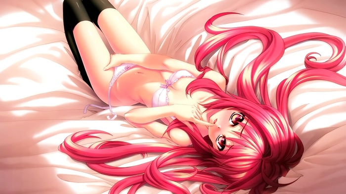 bed, Stella Vermillion, in bed, open mouth, Rakudai Kishi No Cavalry, anime, long hair, pink hair, thigh, highs, anime girls, pink eyes, underwear, looking at viewer