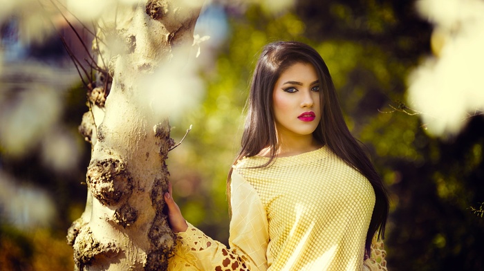 girl, trees, yellow, model, Asian