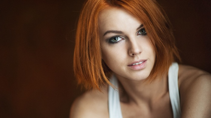 redhead, face, Inessa Rain, depth of field, tank top, portrait, green eyes, girl, Maxim Maximov