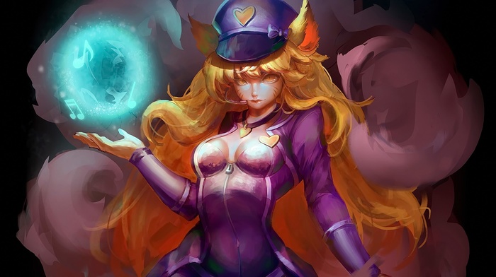 kitsunemimi, Ahri, League of Legends, long hair, anime, animal ears, looking at viewer, anime girls, hat, blonde