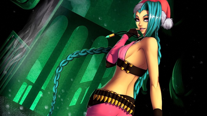 Jinx League of Legends, anime girls, aqua hair, smiling, pink eyes, League of Legends, long hair, looking at viewer, anime, hat