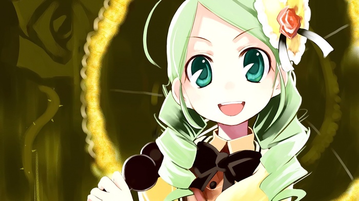 green hair, looking at viewer, anime girls, open mouth, flowers, Rozen Maiden, green eyes, long hair, smiling, anime