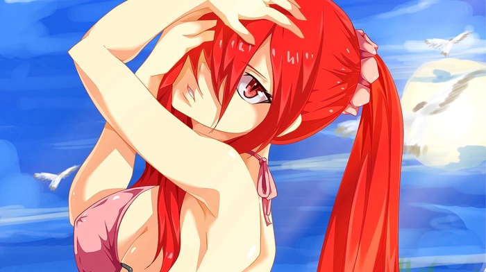 redhead, ponytail, anime, open mouth, Scarlet Erza, long hair, looking at viewer, anime girls, Fairy Tail, bikini