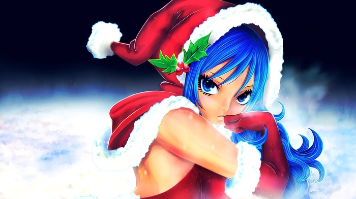 Lockser Juvia, blue eyes, looking at viewer, Fairy Tail, anime, Christmas, long hair, hat, blue hair, anime girls