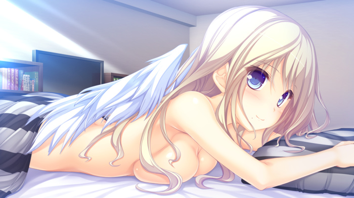 World Election, Game CG, wings, angel wings, boobs, visual novel, sideboob, long hair, anime girls, in bed, Mirieru World Election, smiling, whirlpool, anime, blue eyes, white hair