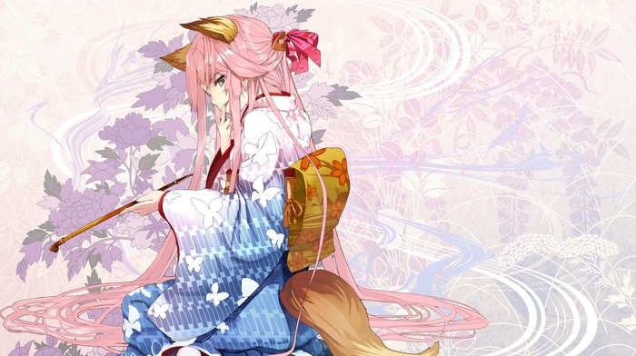 animal ears, kimono, kitsunemimi, anime girls, Japanese clothes, yukata, anime, pink hair, original characters