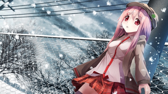 Zettai Ryouiki, anime girls, snow, hat, original characters, clouds, skirt, red eyes, anime