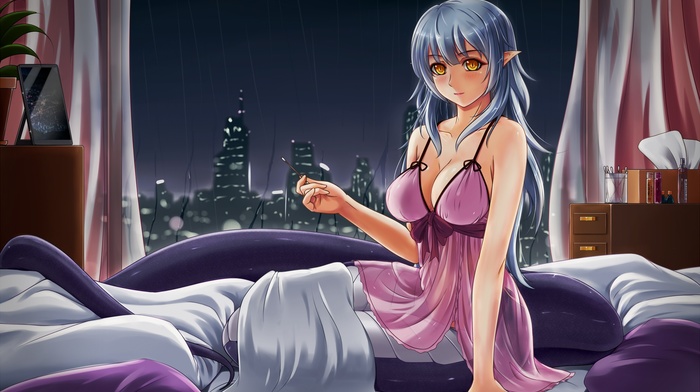 pointed ears, midnight, anime girls, long hair, Lamia, lingerie, rain, bed, original characters, anime, cleavage, tail