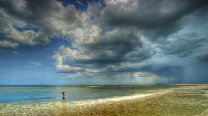 girl outdoors, clouds, beach