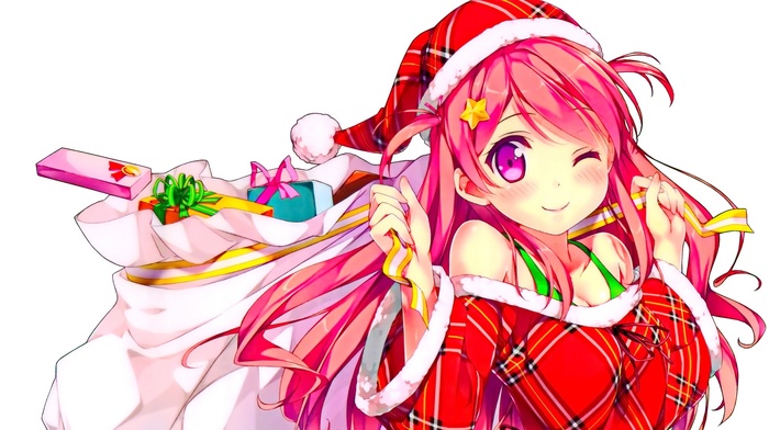 anime, pink hair, Afterschool of the 5th year, anime girls, Kurumi Kantoku, Kantoku, smiling, Christmas, white background, pink eyes, original characters, looking at viewer, hat