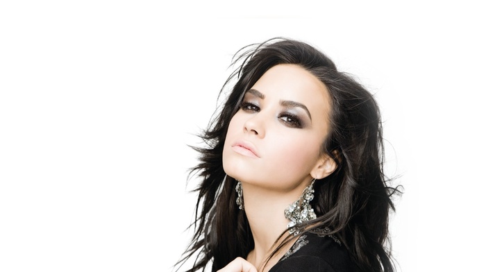 eyes, looking at viewer, lips, long hair, Demi Lovato, brown eyes, brunette, girl, white background
