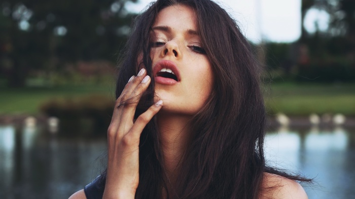 lips, looking at viewer, water, brunette, Adriana Lima, girl, face, open mouth, long hair, eyes