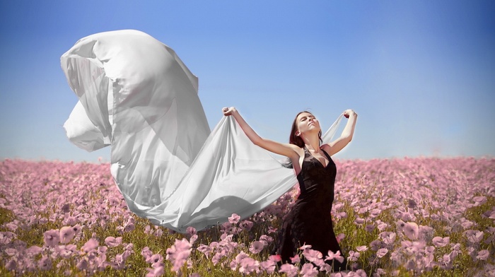 sky, long hair, girl, closed eyes, flowers