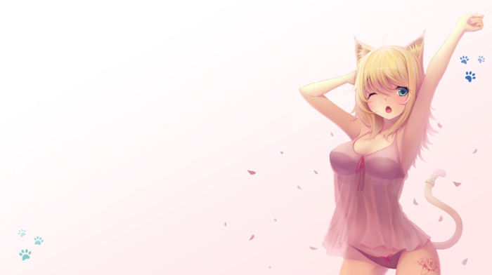 cat girl, original characters, nekomimi, blonde, anime, underwear, see, through clothing, anime girls