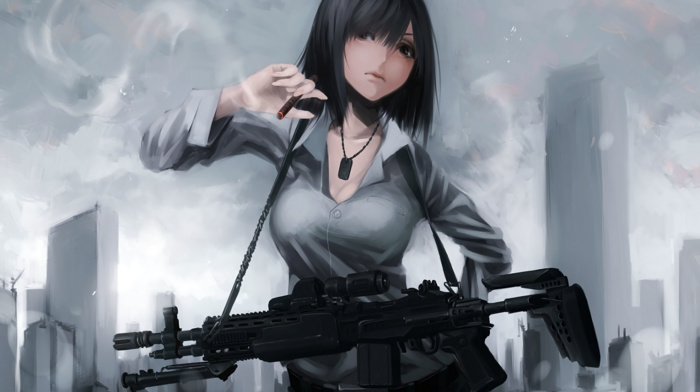 anime girls, anime, weapon, M14 EBR, original characters, gun, short hair, smoking