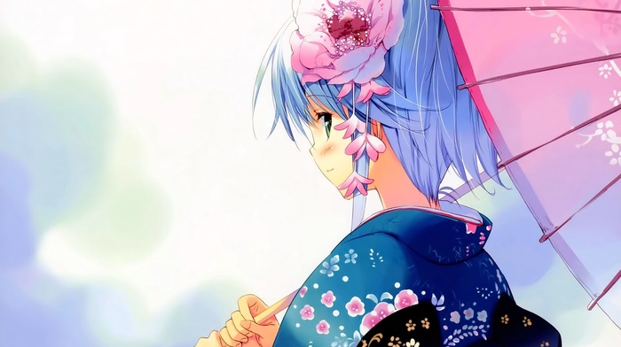 green eyes, smiling, looking at viewer, original characters, flowers, umbrella, kimono, blue hair, hair ornament, anime girls, Japanese clothes, anime