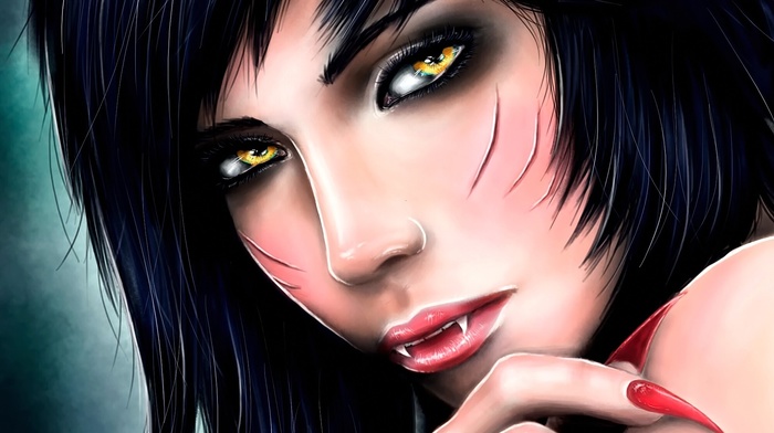 Ahri, yellow eyes, realistic, brunette, looking at viewer, anime, anime girls, lips, fangs, League of Legends, short hair