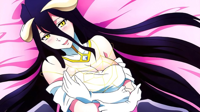 Overlord anime, looking at viewer, Albedo OverLord, long hair, brunette, open mouth, anime girls, horns, yellow eyes, anime