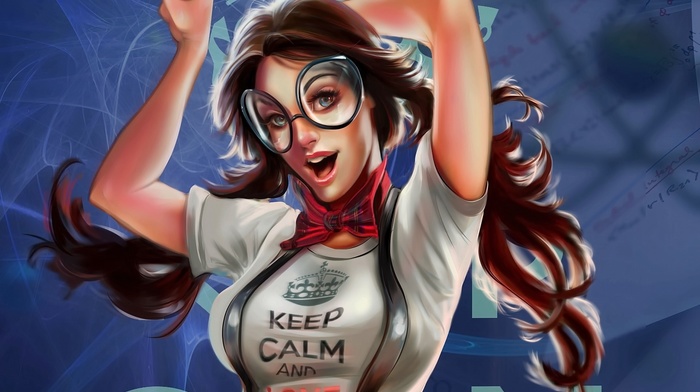 glasses, long hair, brunette, looking at viewer, realistic, anime girls, Keep Calm and..., blue eyes, open mouth, anime