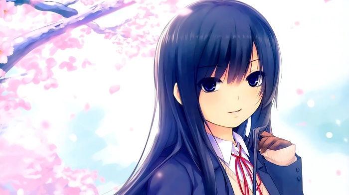 blue eyes, anime girls, cherry blossom, original characters, anime, coffee, Kizoku, looking at viewer, brunette, smiling