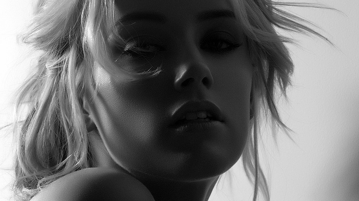 face, eyes, monochrome, simple background, girl, actress, long hair, Amber Heard