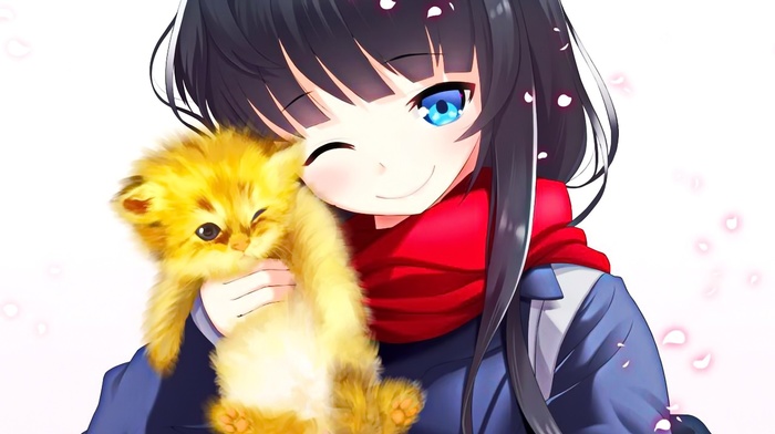 anime, cat, scarf, original characters, anime girls