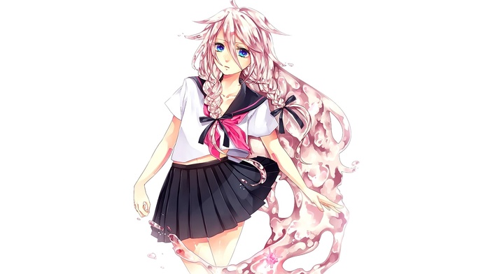 long hair, white background, ahoge, anime, ribbon, pink hair, Vocaloid, blue eyes, sadness, ia vocaloid, looking at viewer, anime girls